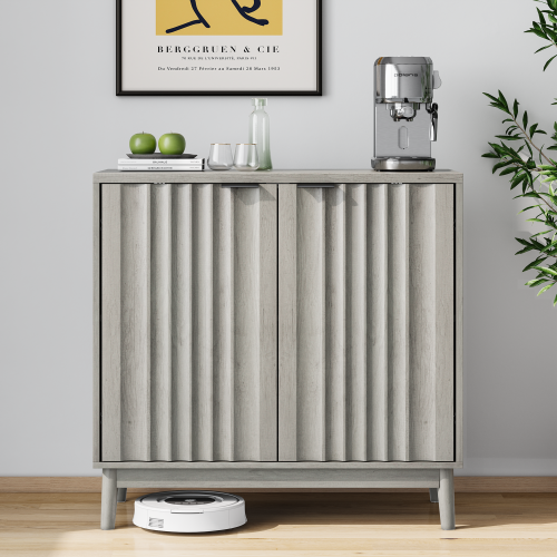 Buffet Effet Bois Gris Bords Rainurés 2 Portes 80*39*85cm Vuhlos