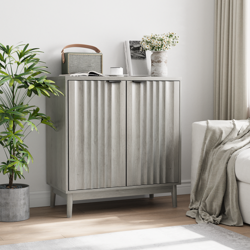 Buffet Effet Bois Gris Bords Rainurés 2 Portes 80*39*85cm Vuhlos