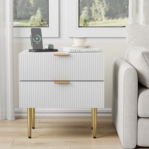 Table De Chevet Blanche Avec 2 Tiroirs Rainurés Pieds Dorés