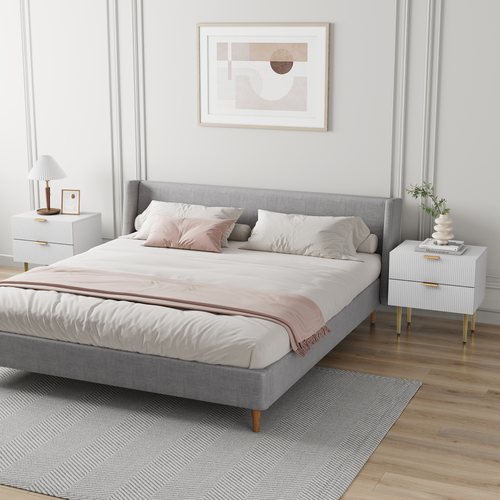 Table De Chevet Blanche Avec 2 Tiroirs Rainurés Pieds Dorés