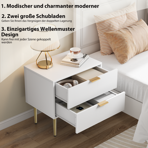 Table De Chevet Blanche Avec 2 Tiroirs Rainurés Pieds Dorés