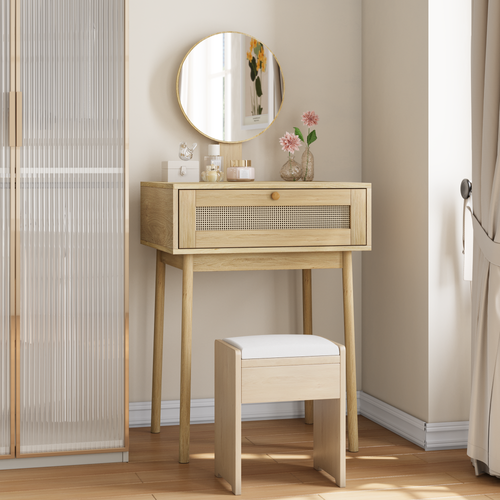 Coiffeuse Bohème Tiroir En Rotin Avec Miroir (sans Tabouret)