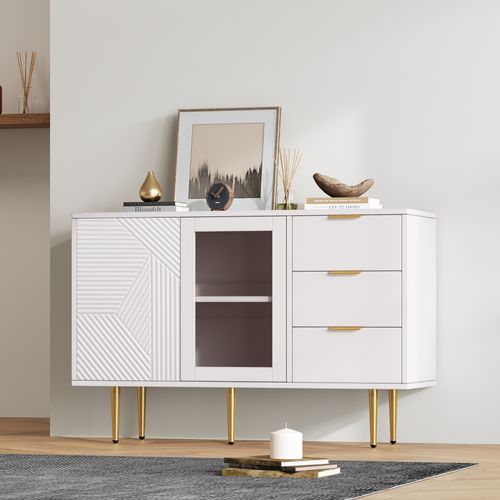 Buffet Blanc Rainurée 3 Tiroirs Et 2 Portes, Vitrée, 120x38x79,5cm Shetor