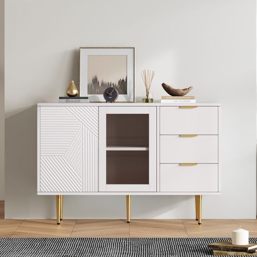 Buffet Blanc Rainurée 3 Tiroirs Et 2 Portes, Vitrée, 120x38x79,5cm Shetor