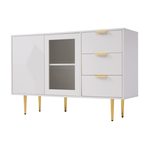 Buffet Blanc Rainurée 3 Tiroirs Et 2 Portes, Vitrée, 120x38x79,5cm Shetor