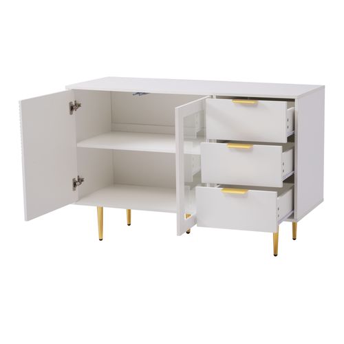Buffet Blanc Rainurée 3 Tiroirs Et 2 Portes, Vitrée, 120x38x79,5cm Shetor