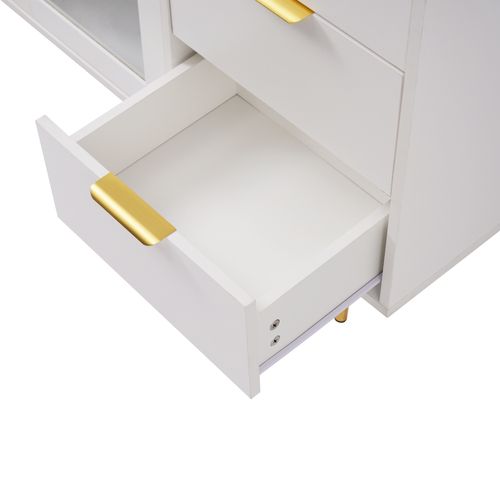 Buffet Blanc Rainurée 3 Tiroirs Et 2 Portes, Vitrée, 120x38x79,5cm Shetor