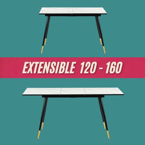 Ensemble Table Extensible Effet Marbre Blanc 120-160cm Et 4 Chaises Style Retro Scandinave