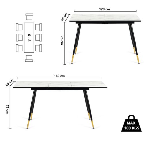 Ensemble Table Extensible Effet Marbre Blanc 120-160cm Et 4 Chaises Style Retro Scandinave