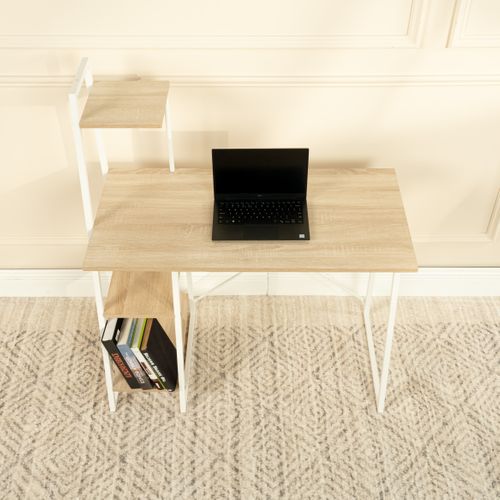 Bureau à Étagères Scandinave Intégrées Au Style Graphique Metal Blanc Et Bois Clair 104*50*128cm