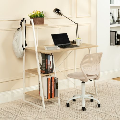 Bureau à Étagères Scandinave Intégrées Au Style Graphique Metal Blanc Et Bois Clair 104*50*128cm