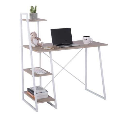Bureau à Étagères Scandinave Intégrées Au Style Graphique Metal Blanc Et Bois Clair 104*50*128cm