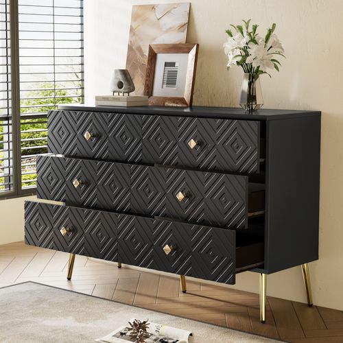 Commode 6 Tiroirs Noire Avec Motifs Géométriques Et Pieds Dorés Qat Black