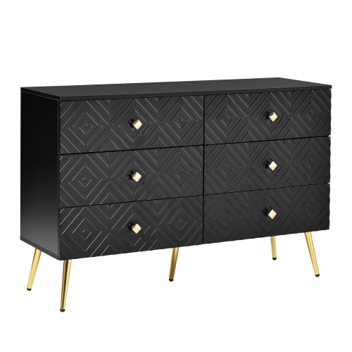 Commode 6 Tiroirs Noire Avec Motifs Géométriques Et Pieds Dorés Qat Black