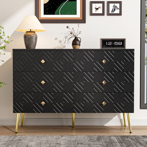 Commode 6 Tiroirs Noire Avec Motifs Géométriques Et Pieds Dorés Qat Black