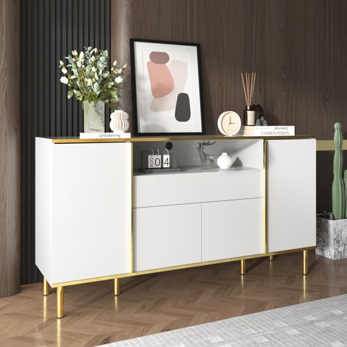 Buffet Moderne Luxe Blanc Avec Éclairage LED Accents Dorés Brillant Yirell White