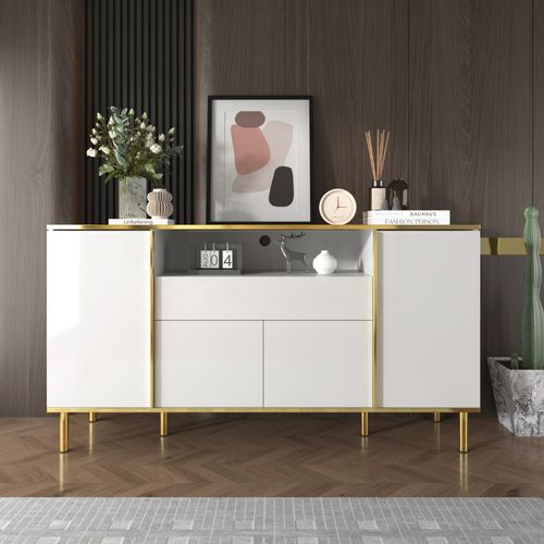 Buffet Moderne Luxe Blanc Avec Éclairage LED Accents Dorés Brillant Yirell White