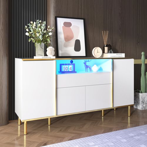 Buffet Moderne Luxe Blanc Avec Éclairage LED Accents Dorés Brillant Yirell White