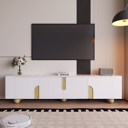 Meuble TV Blanc Effet Marbre Blanc Et Bois Avec Portes Rainurées, Pieds Sphériques 180*40cm Stergu