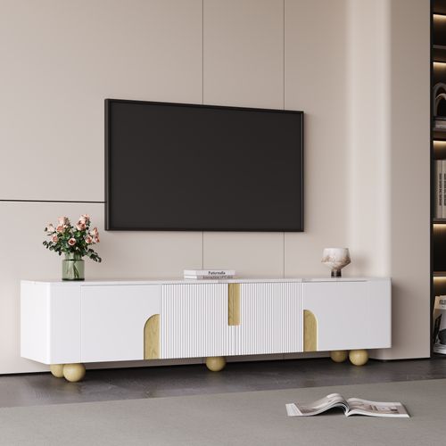 Meuble TV Blanc Effet Marbre Blanc Et Bois Avec Portes Rainurées, Pieds Sphériques 180*40cm Stergu