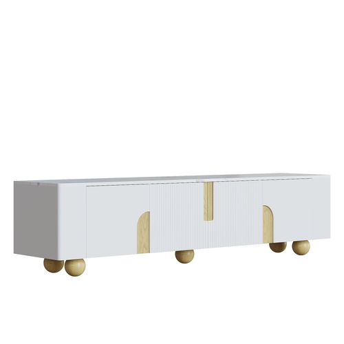 Meuble TV Blanc Effet Marbre Blanc Et Bois Avec Portes Rainurées, Pieds Sphériques 180*40cm Stergu