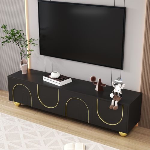 Meuble TV Noir Luxueux Avec Portes Sculptées Et Pieds Dorés Aekron Black G