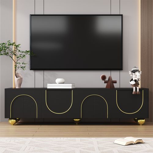 Meuble TV Noir Luxueux Avec Portes Sculptées Et Pieds Dorés Aekron Black G