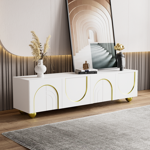 Meuble TV Blanc Luxueux Avec Portes Sculptées Et Pieds Dorés Aekron G