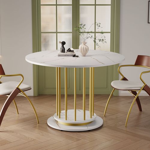 Table De Salle à Manger Ronde Effet Marbre Blanc Avec Piètement Cylindrique Doré Urcein White