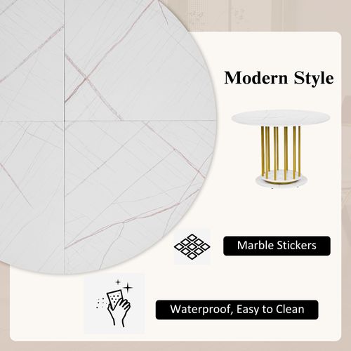 Table De Salle à Manger Ronde Effet Marbre Blanc Avec Piètement Cylindrique Doré Urcein White