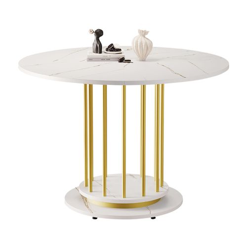 Table De Salle à Manger Ronde Effet Marbre Blanc Avec Piètement Cylindrique Doré Urcein White