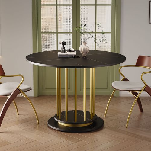 Table De Salle à Manger Ronde Design Marbre Noir Et Pieds Dorés Urcein Black