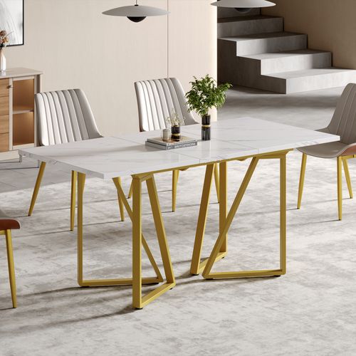 Table à Manger Extensible Moderne Effet Marbre Blanc Et Pieds Dorés Fastiens Gold