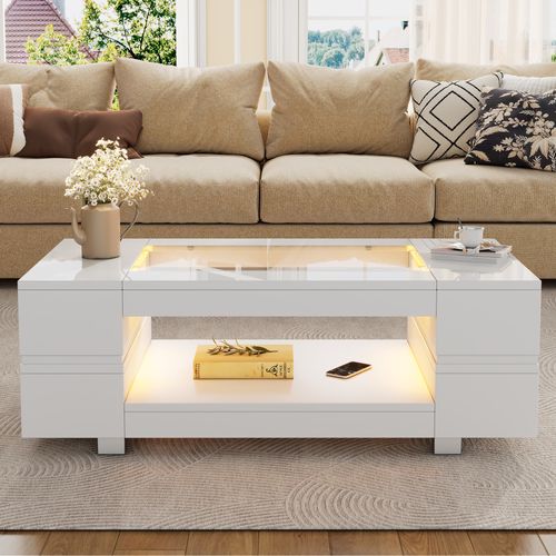 Table Basse Blanche Moderne Verre Trempé Avec Éclairage LED 100x50x35cm Scrien