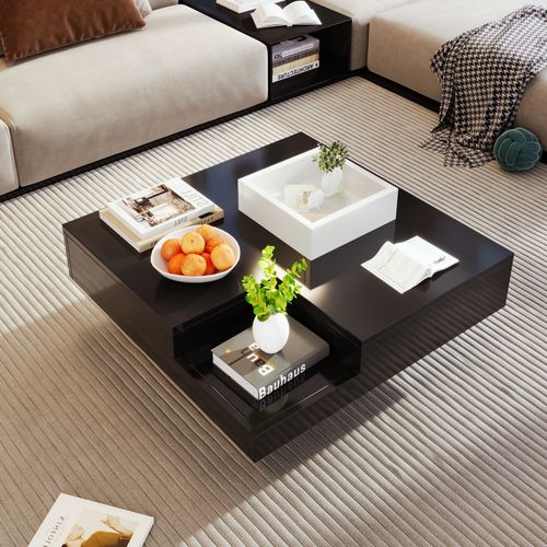 Table Basse Carrée Noir Blanc Bicolore Éclairage LED Avec Boîte De Rangement Amovible Croks Black