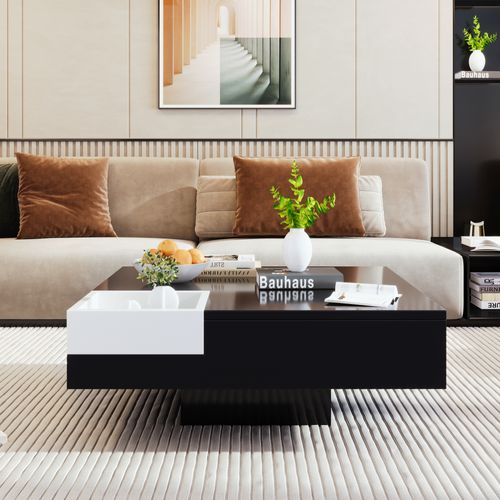 Table Basse Carrée Noir Blanc Bicolore Éclairage LED Avec Boîte De Rangement Amovible Croks Black