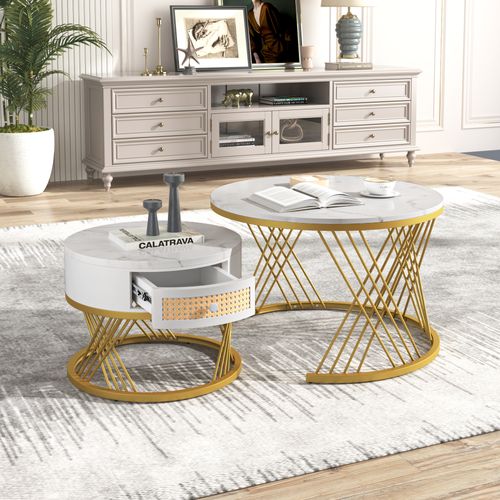 Ensemble De 2 Tables Basses Gigognes Rondes Effet Marbre Blanc Et Rotin Egniers White
