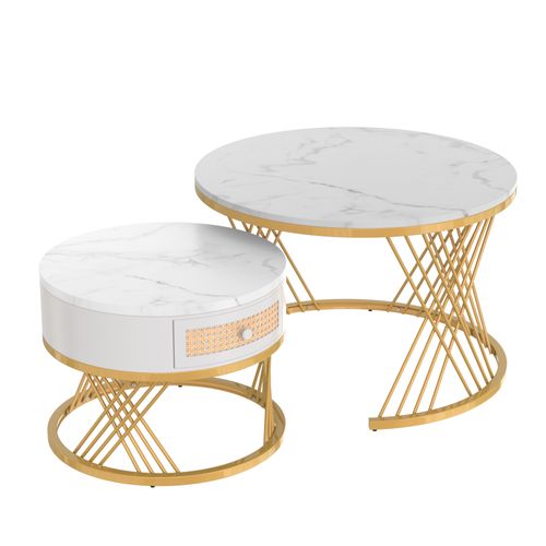 Ensemble De 2 Tables Basses Gigognes Rondes Effet Marbre Blanc Et Rotin Egniers White