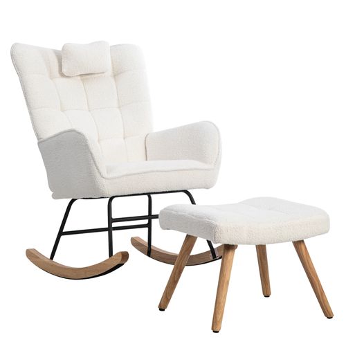 Fauteuil à Bascule Tissu Bouclette Blanc 1 Oreiller Et 1 Repose-pieds