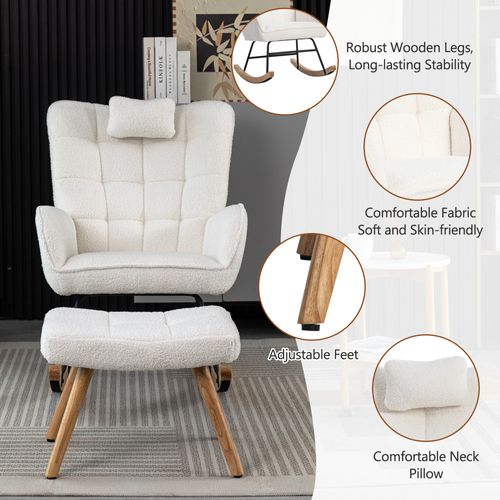 Fauteuil à Bascule Tissu Bouclette Blanc 1 Oreiller Et 1 Repose-pieds