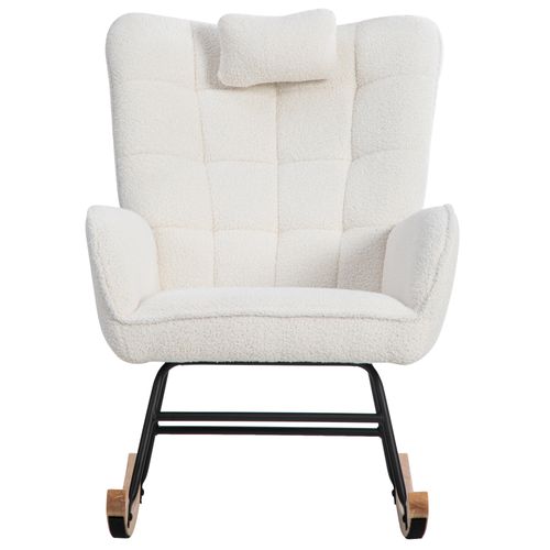 Fauteuil à Bascule Tissu Bouclette Blanc 1 Oreiller Et 1 Repose-pieds