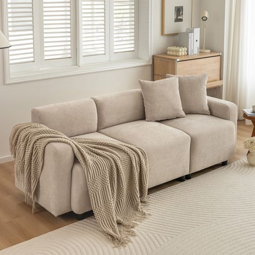 Canapé Moderne Rembourrés Tissu Chenille Beige 3 Places Avec Coussins