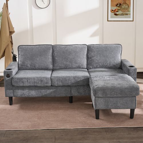 Canapé Modulable 4 Places Gris Anthracite Méridienne Amovible, Ports USB Et Porte-gobelet