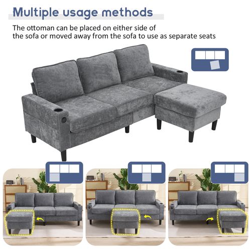 Canapé Modulable 4 Places Gris Anthracite Méridienne Amovible, Ports USB Et Porte-gobelet