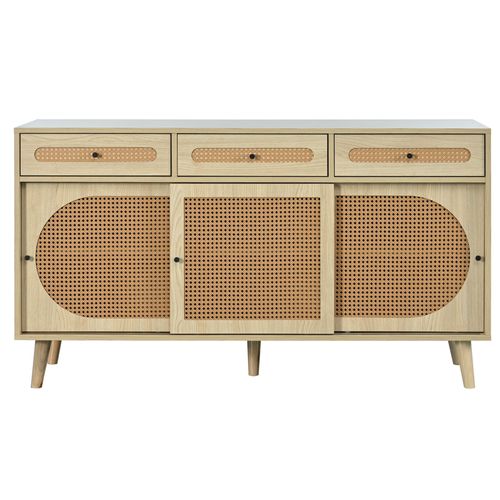 Buffet En Bois Rotin 3 Tiroirs Avec 3 Portes 140x40x78 Cm