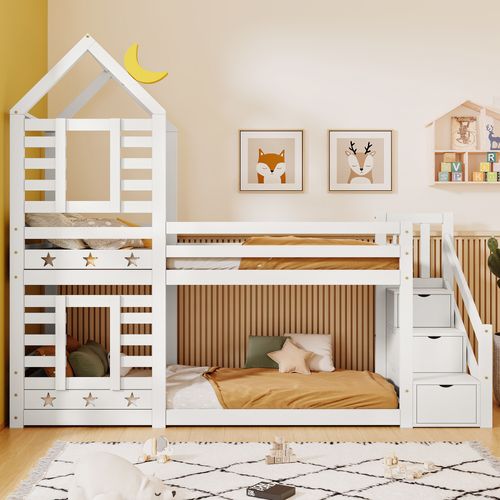 Lit Superposé Lit Enfant Bois Blanc Escalier Avec Rangement 90x200cm