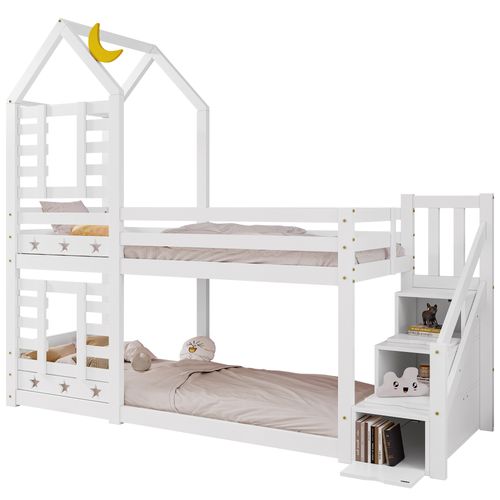 Lit Superposé Lit Enfant Bois Blanc Escalier Avec Rangement 90x200cm