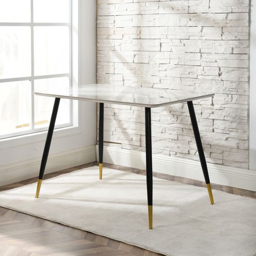 Table De Salle à Manger Rectangulaire Pierre Effet Marbre Blanc Pieds Noirs Dorés 110x70