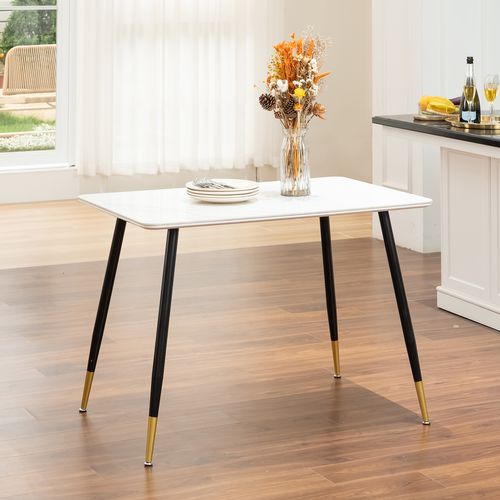 Table De Salle à Manger Rectangulaire Pierre Effet Marbre Blanc Pieds Noirs Dorés 110x70