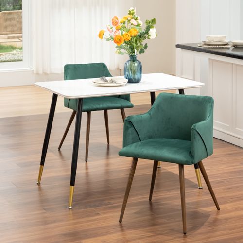 Table De Salle à Manger Rectangulaire Pierre Effet Marbre Blanc Pieds Noirs Dorés 110x70